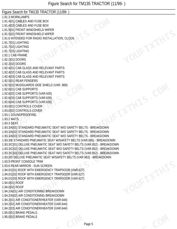 New Holland TM135 parts manual figure search index for cab, lighting, seats, roof, and air conditioning components.