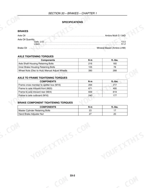 New Holland TV6070 brake and axle-to-frame torque specifications table
