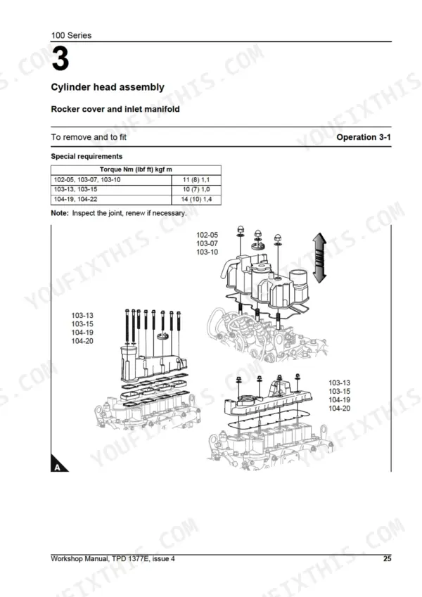 Perkins 100, 102-05, 103-07, 103-10, 103-13, 103-15, 104-19, 104-22 rocker cover and inlet manifold removal and torque specs diagram.