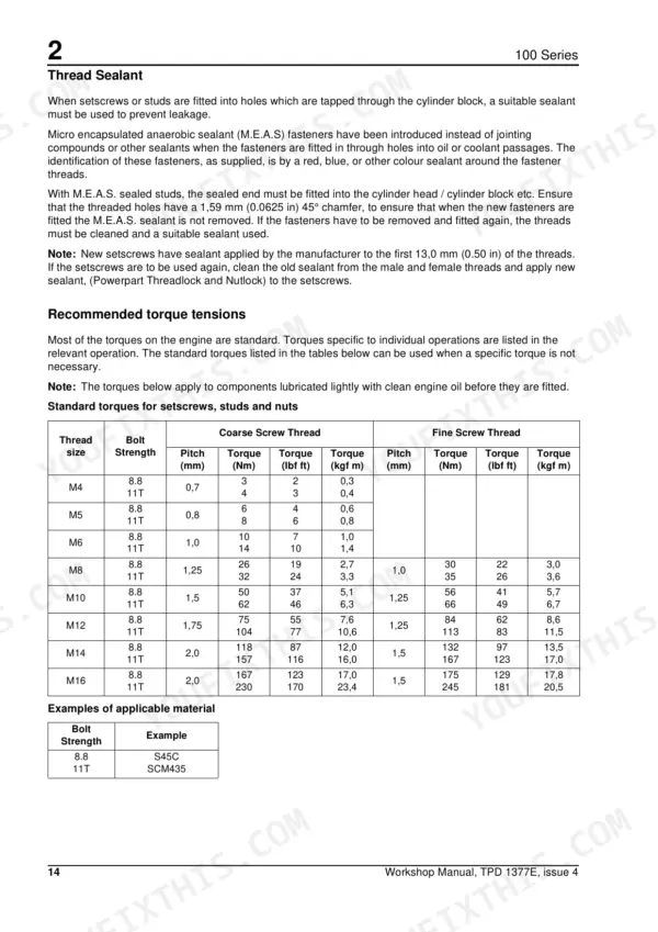 Perkins 100, 102-05, 103-07, 103-10, 103-13, 103-15, 104-19, 104-22 thread sealant guide and standard torque tension tables.