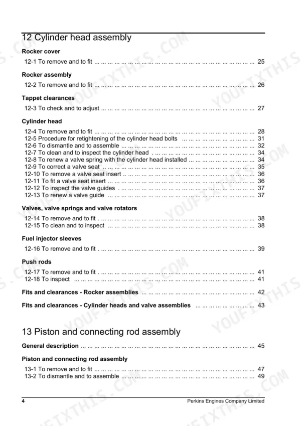 Perkins 2000, Perkins 2000 table of contents for cylinder head, valve, and piston connecting rod assembly procedures.