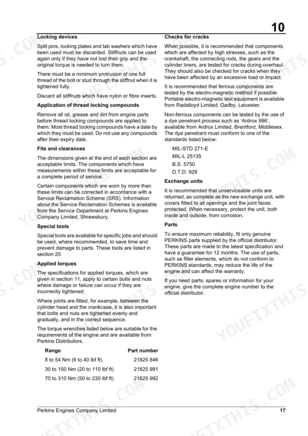 Perkins 2000, Perkins 2000 service manual page covering locking devices, crack checks, thread compounds, fits, clearances, and torque specs.
