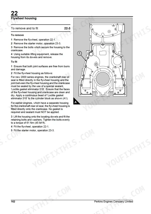 Perkins 2000, Perkins 2000 flywheel housing removal and installation procedure with sealant application diagram.