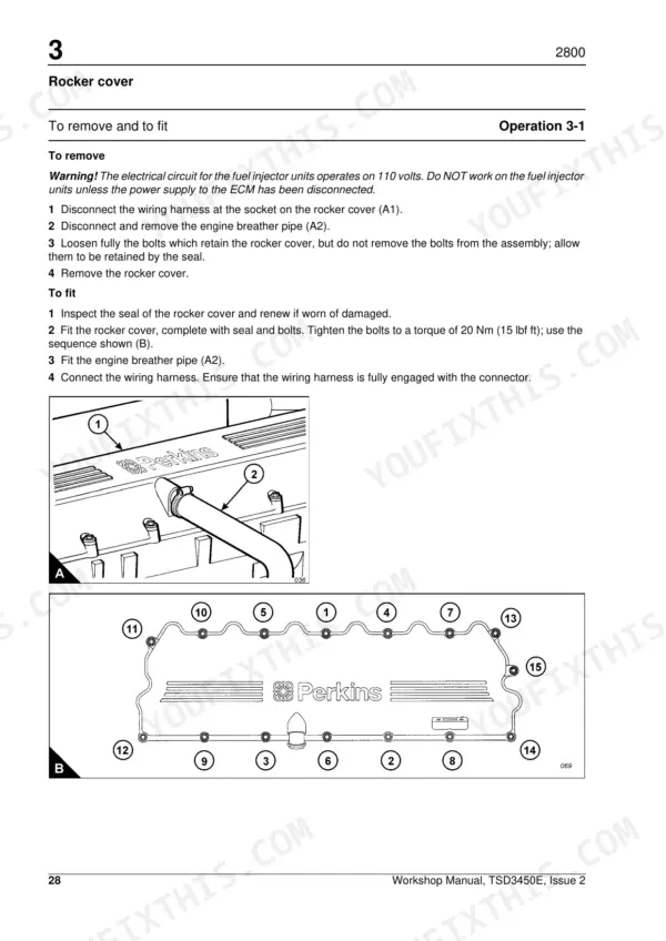 Perkins 2806C-E16, 2800 rocker cover removal and installation procedure with bolt tightening sequence diagram.