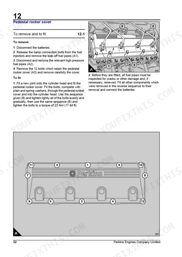 Perkins 3008 / CV8: Pedestal rocker cover removal, fitting, and bolt tightening sequence diagram.