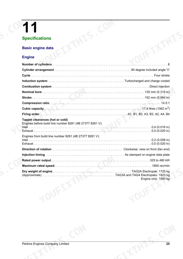 Perkins 3008 / CV8 engine specifications table including bore, stroke, firing order, and tappet clearances.