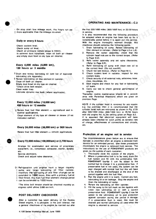 Perkins 4.108, 4.107, 4.99 maintenance schedule, engine service intervals, and procedures for engines not in service.