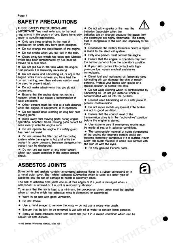 Perkins 4.108, 4.107, 4.99 engine manual page 4 detailing safety precautions, fuel handling, and asbestos joint removal procedures.