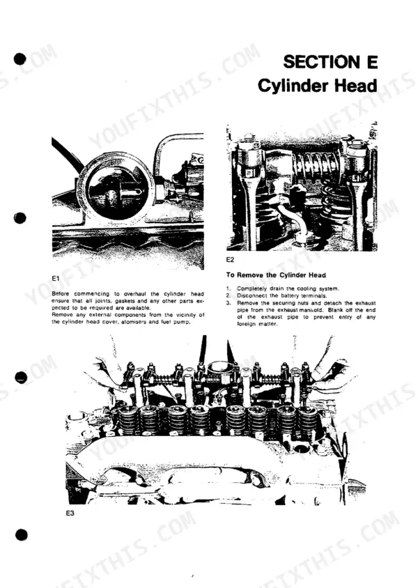Perkins 4.108, 4.107, 4.99 cylinder head removal procedure with photos of valve gear and engine components.