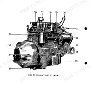 Perkins 4.108, 4.107, 4.99 engine diagram showing the camshaft side view with numbered components and fuel system parts.