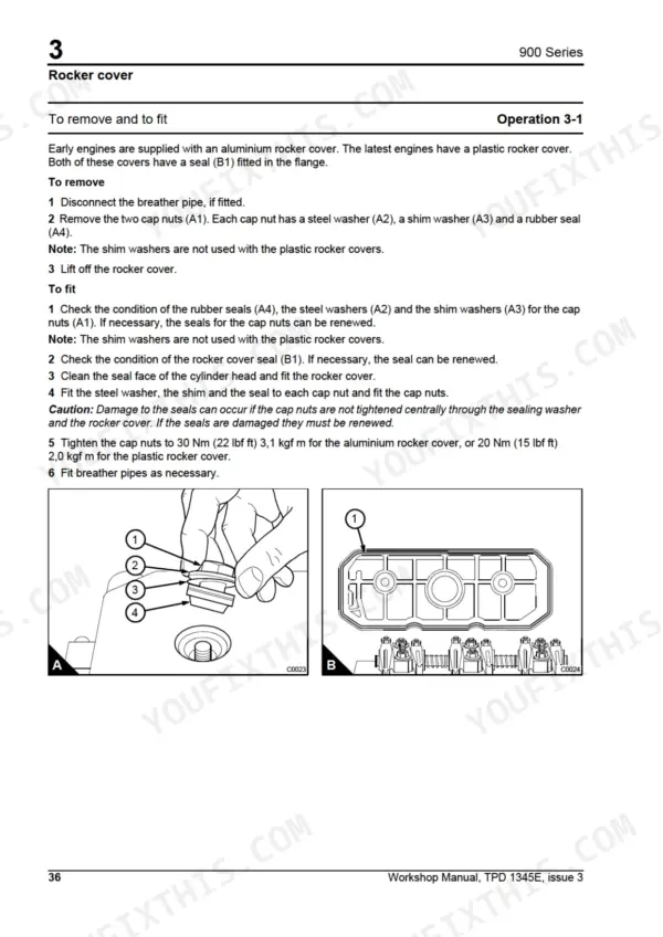 Perkins 900 Series rocker cover removal and installation procedure with torque specs and component diagrams.