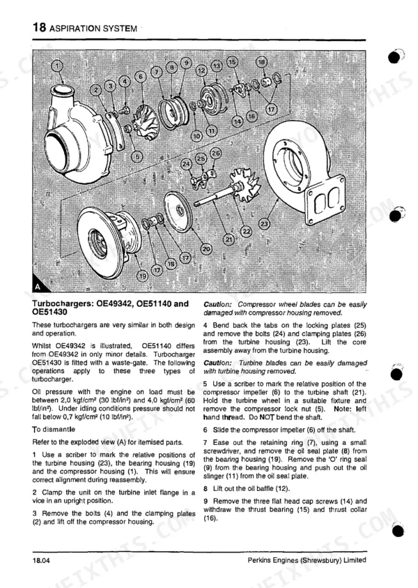 Perkins Eagle 800, Tx, Tx2000 turbocharger exploded view diagram and dismantling procedure for OE49342, OE51140.
