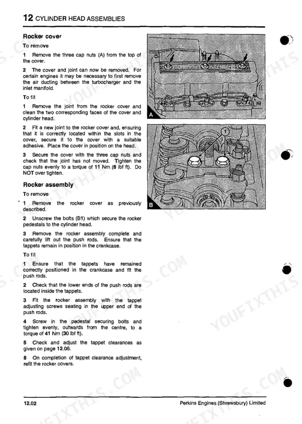 Perkins Eagle 800, Tx, Tx2000 procedures for removing and fitting the rocker cover and rocker assembly.