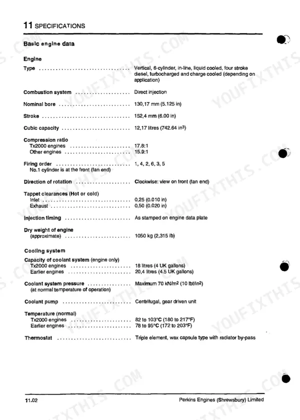 Perkins Eagle 800, Tx, Tx2000 engine specifications table covering bore, stroke, firing order, and cooling system data.