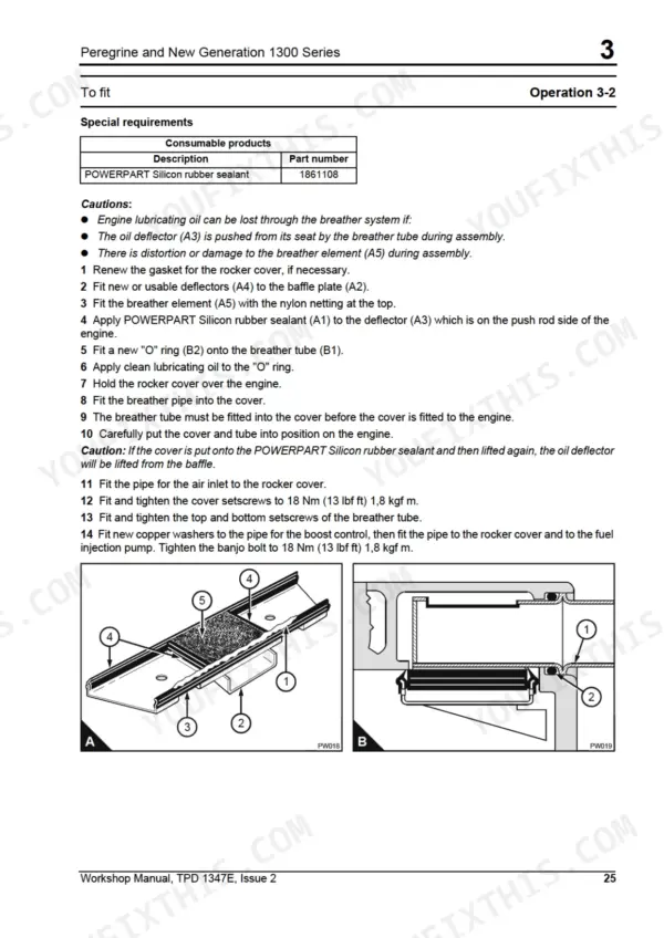 Perkins Peregrine, 1300, WD, WE, WF, WG, WH, WJ: Rocker cover and breather assembly installation procedure and diagrams.