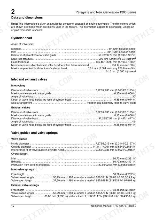 Perkins Peregrine, 1300, WD, WE, WF, WG, WH, WJ cylinder head, valve, and spring technical specification data table.