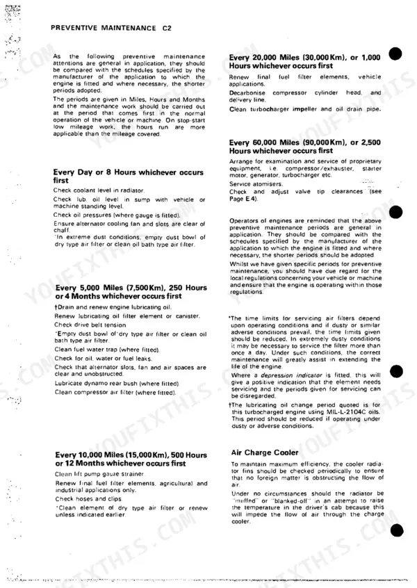 Perkins T6.3543, AC5, 11AC, 17ACR, M50 preventive maintenance schedule listing service intervals and tasks by hours and mileage.
