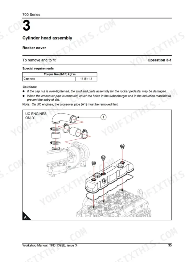 Perkins UA, UB, UC cylinder head rocker cover removal and installation procedure with torque specs and exploded view diagram.