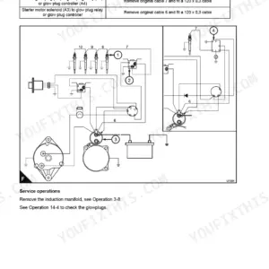Perkins UA, UB, UC wiring diagram for glow plug cable replacement, including cable identification table and starter motor solenoid.