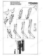 poclain-600-ck-crawler-excavator-technical-manual-s406321-attachments-78.webp Poclain 600 CK mounting of attachments diagram showing boom, stick, and hydraulic cylinder configurations and lengths.