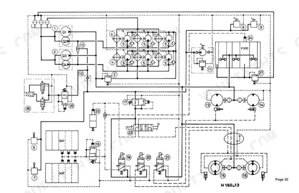 Poclain 600 CK hydraulic system schematic diagram showing pumps, control valves, and circuit flow paths.