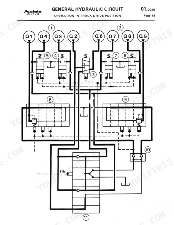 Poclain 600 CK general hydraulic circuit diagram showing track drive position operation with valve and flow components.