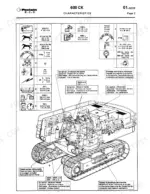 poclain-600-ck-crawler-excavator-technical-manual-s406321-specs-4.webp Poclain 600 CK technical specifications table including engine, hydraulic pump, and machine component data with excavator diagram.