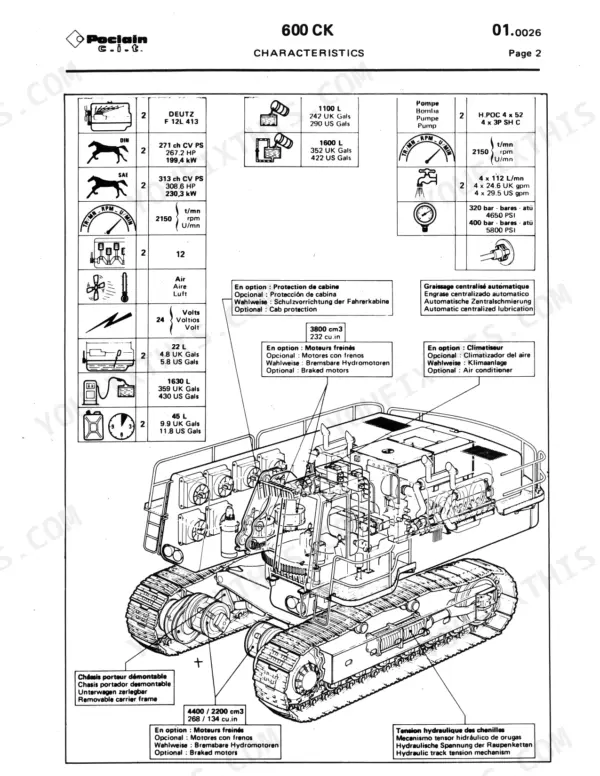 Poclain 600 CK technical specifications table including engine, hydraulic pump, and machine component data with excavator diagram.