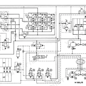 Poclain 600 CK hydraulic system diagram showing pumps, control valves, and circuit components for model H 150-13.