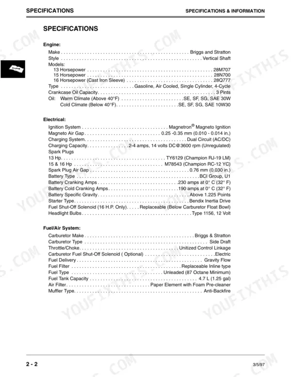 John Deere Sabre 1338–1646 engine, electrical, and fuel system specifications table.