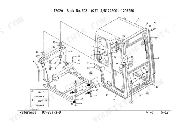 Takeuchi TB020 exploded view diagram of the operator cab mounting hardware, frame, and cabin assembly components.