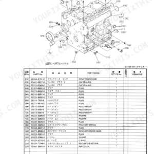 Takeuchi TB020 engine crankcase exploded view diagram and parts list with sealing caps, plugs, and pins.