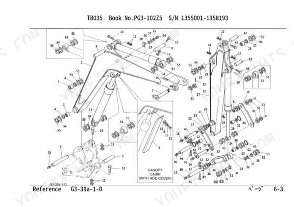 Takeuchi TB035 exploded view diagram of the boom, arm, and bucket linkage components with numbered reference parts.