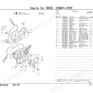 Takeuchi TB035 engine gear housing exploded view diagram and parts list with reference numbers for 3TN84TL-RTBY engine.