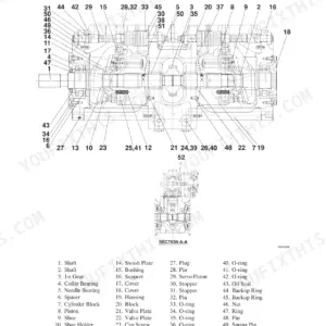 Takeuchi TB1140 hydraulic pump construction diagram with numbered parts list and Section A-A view.