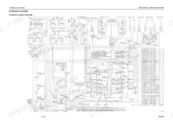 Takeuchi TB1140 hydraulic circuit diagram showing main pump, control valve, and component parts list with pressure settings.