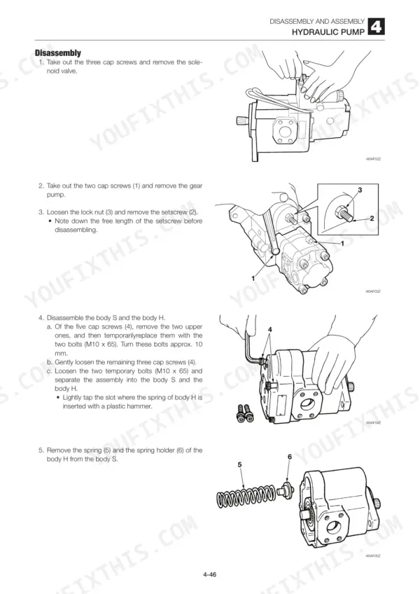 Takeuchi TB128FR hydraulic pump disassembly procedure showing solenoid valve, gear pump, and body S and H separation steps.