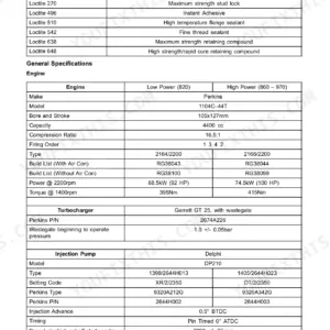 Perkins 1104C-44T engine specification table - bore and stroke 105x127 mm, 4400 cc, compression ratio 16.5:1, rated power 68.5 kW (92 HP) on the 820 and 74.5 kW (100 HP) on the 860-970 at 2200 rpm