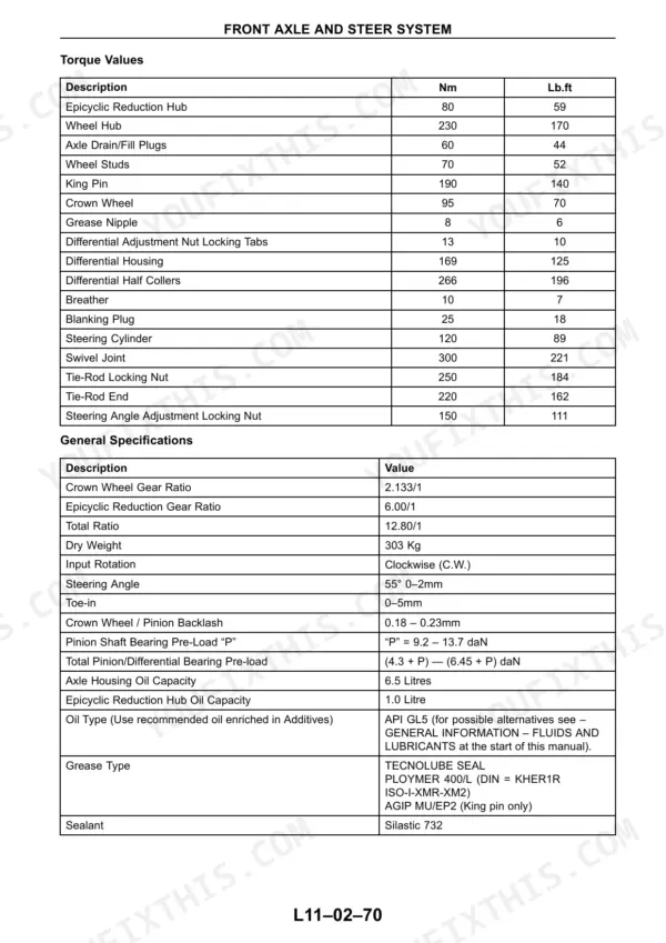 Front axle torque values in Nm and lb.ft - wheel hub 230 Nm (170 lb.ft), king pin 190 Nm (140 lb.ft), swivel joint 300 Nm (221 lb.ft) - with general specifications including crown wheel ratio and dry weight