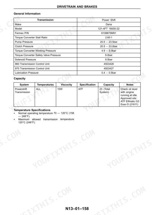 Dana Powershift transmission general information - model 121-4FT, torque converter stall ratio 2.60:1, pump pressure 20.5-23.5 bar and clutch pressure 20.5-23.0 bar