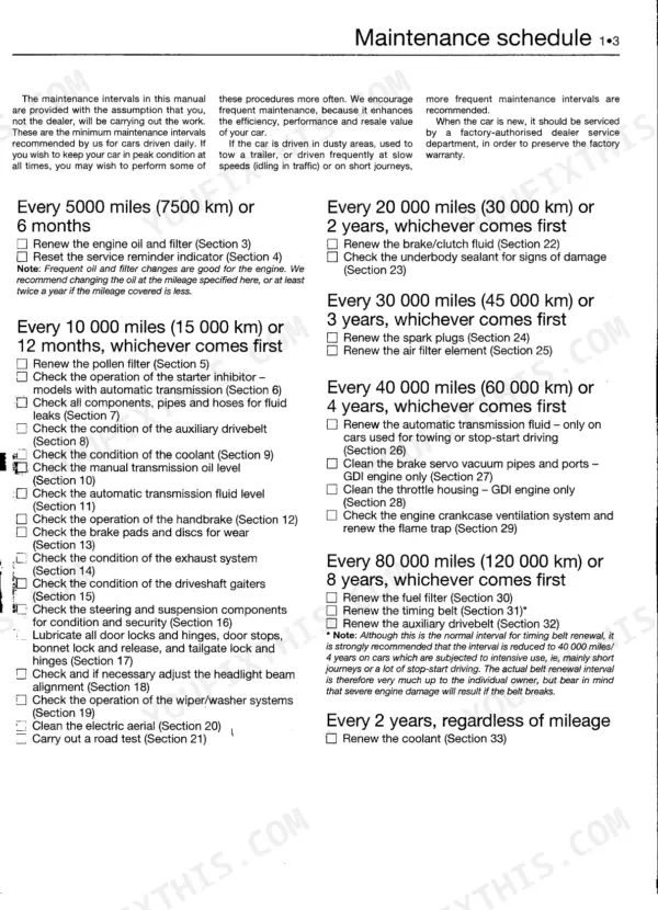 Volvo S40, V40 maintenance schedule listing service intervals and tasks from 5,000 to 80,000 miles.