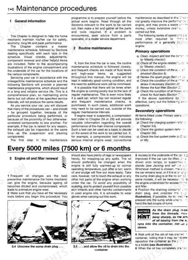 Volvo S40, V40 maintenance procedures page showing engine oil and filter renewal steps and diagrams.