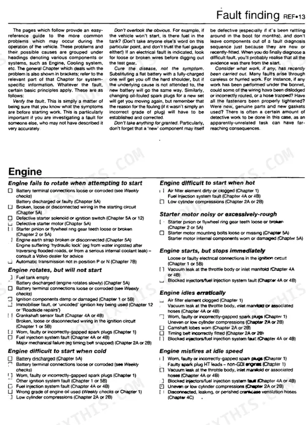 Volvo S40, V40 engine fault finding guide, troubleshooting starting, idling, and misfire issues.