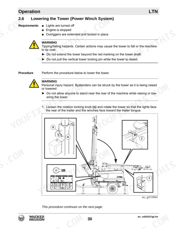 Wacker Neuson LTN 6C, LTN 6K, LTN 8K, LTN 6L, LTN 6, LTN 8 tower lowering procedure with power winch system diagram.