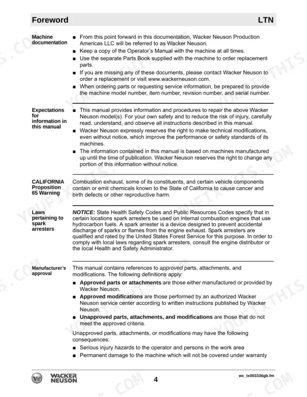 Wacker Neuson LTN 6C, LTN 6K, LTN 8K, LTN 6L, LTN 6, LTN 8 Foreword page covering documentation, safety, and manufacturer approval.