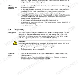 Wacker Neuson LTN 6C, LTN 6K, LTN 8K, LTN 6L, LTN 6, LTN 8 safety information for tower operation and lamp safety procedures.