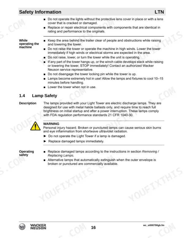0117bfd6-b5-procedures-16 Wacker Neuson LTN 6C, LTN 6K, LTN 8K, LTN 6L, LTN 6, LTN 8 safety information for tower operation and lamp safety procedures.