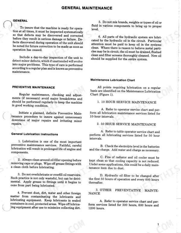 025093dc-b-maintenance-3 Skytrak 5030, 6034 general maintenance instructions, lubrication guidelines, and 10 to 50-hour service intervals.