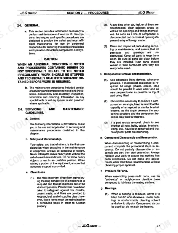 JLG CM25RT, CM33RT, CM40RT service manual page detailing general maintenance, safety, cleanliness, and component procedures.