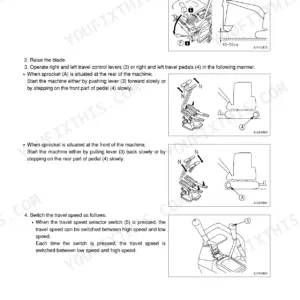 Komatsu PC45MR-3, PC55MR-3 operation manual page for moving machine forward, travel levers, pedals, and speed selector switch.